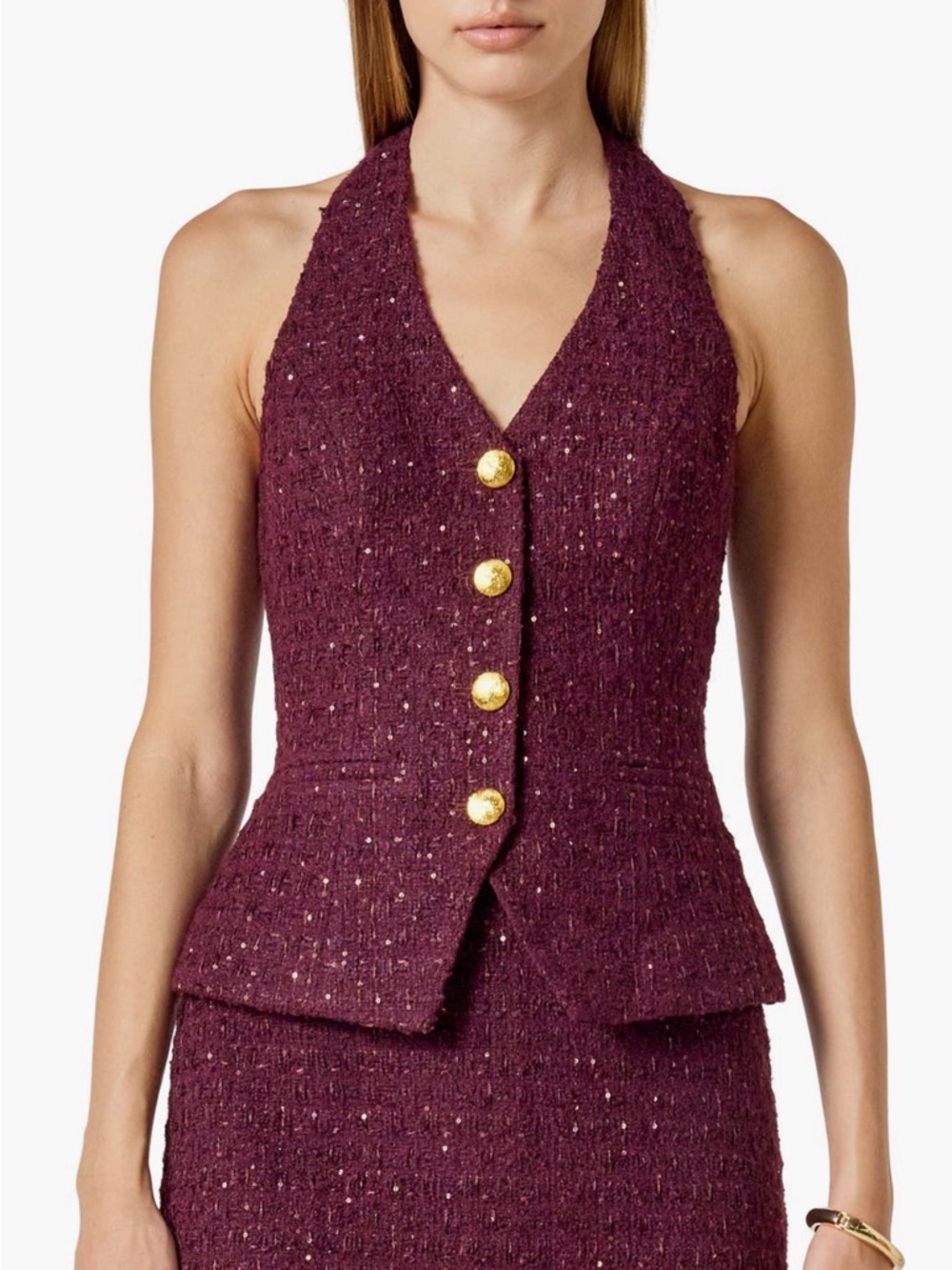 Endless Rose Plum Tweed Halter Vest with Gold Buttons